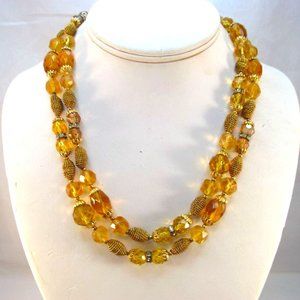 Vintage Long Faceted Glowing Yellow Vaseline Glass Beaded Necklace